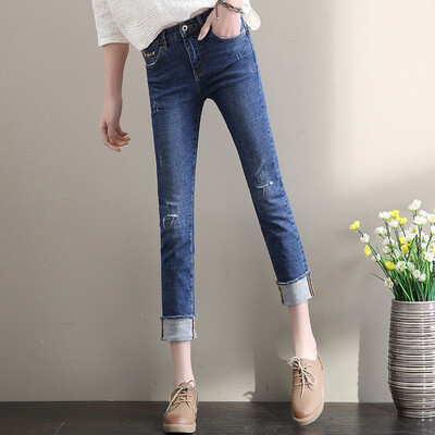 

City Plus CITYPLUS Arts Fan Cave High waist flanging Elasticity Slim Casual Nine Pants Jeans CWKN174151 Navy 28