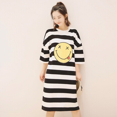 

City plus CITYPLUS art smiling face printed round neck stripes fifth sleeves in long section T-shirt women CWTD173455 black&white stripes M