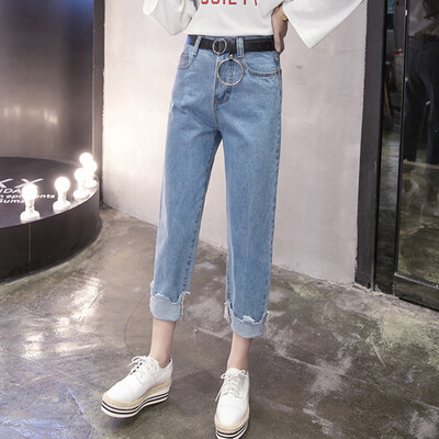 

Longyue women spring section high waist irregular curling wide leg jeans wild Harlan nine pants LWKN172301 light blue L