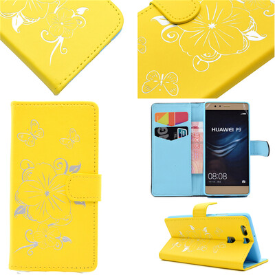 

Yellow Hot Stamping Foil Gold Design PU Leather Flip Cover Wallet Card Holder Case for Huawei P9EVA-AL00
