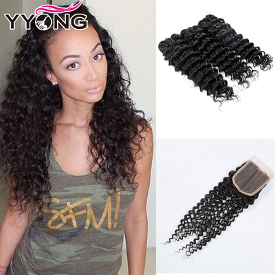 

YYONG Hair Brazilian Deep Wave Virgin Hair With Lace Closure 1B Black Hair Weave 3 Bundles With Lace Closure MiddleFree3 Part