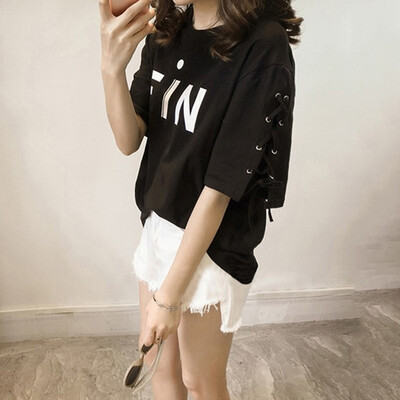 

Longyue Women&39s Letter Print Short Sleeve T-Shirt Banded Casual Round Shirt Sleeve LWTD174103 Black