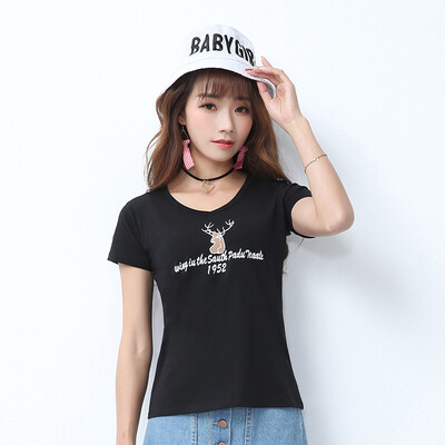 

City plus CITYPLUS art fan short sleeve v collar Slim letter printing wild shirt shirt shirt T shirt CWTD174158 white L