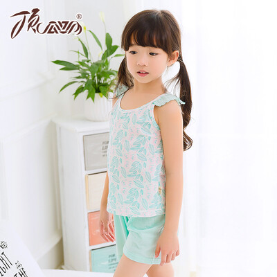 

[Jingdong supermarket] top Guagua (dingguagua) children's pajamas girls summer cotton round neck vest shorts home service suit 86039 green 100