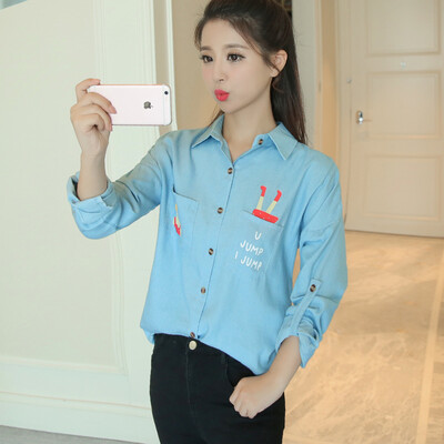 

VIVAHEART Korean casual small fresh loose printed thin denim shirt tide coat women VWCC171232 light blue L