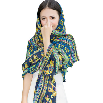 

Ainingxue 2016 осенне-зимний национальный ветер хлопка и льна шарф леди большой ретро летом платок длинные двухсторонней корейской версии шеи шарф WX79 синий
