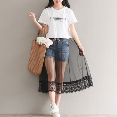 

City Plus CITYPLUS Art Fan Print T-shirt Splicing Net Yarn Evening Dress Female CWQZ174458 White L