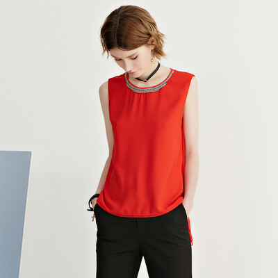 

Yixiang Liying 2017 summer new sleeveless yarn splicing chiffon shirt 160421101 red XS