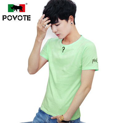 

Paulo rhinoceros (POVOTE) T-shirt men's round neck Slim solid color cotton symbol letters printed short section of young men's youth casual men's clothing PVYRT233 green L