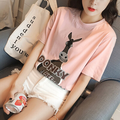 

Long Yue Women Korean loose cartoon print short-sleeved T-shirt fashion wild letter half sleeve primer shirt LWTD172205 black L