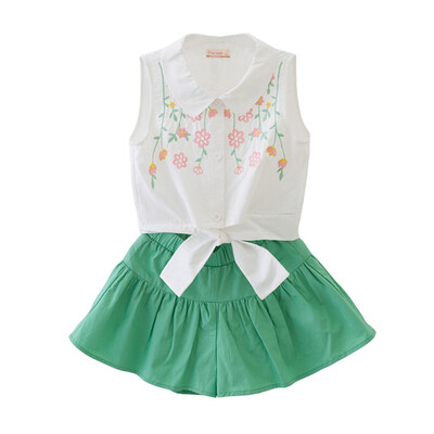 

Fromo Flordeer French Kids Girls Set Embroidered Shirt Shorts Two-piece F71062 White 100