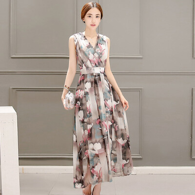 

A pond morning vest dress 2017 summer sleeveless body repair waist was thin printing large size high waist skirt female S72R0285A28M color