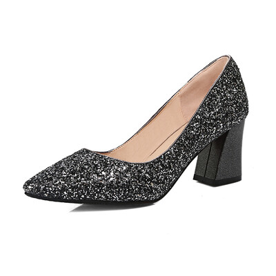 

WETKISS 2017 New Brand Women Pumps Sexy Pointed Toe Shallow Boat Shoes Woman Fashion Bling Wedding Ladies Shoes Hoof Heels Shoes