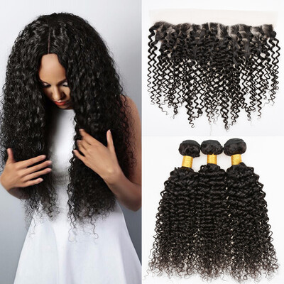 

7A Brazilian Virgin Curly Hair 13x4 Ear to Ear Full Lace Frontal Closure with Bundles Weave 100% Unprocessed Human Hair Extensions