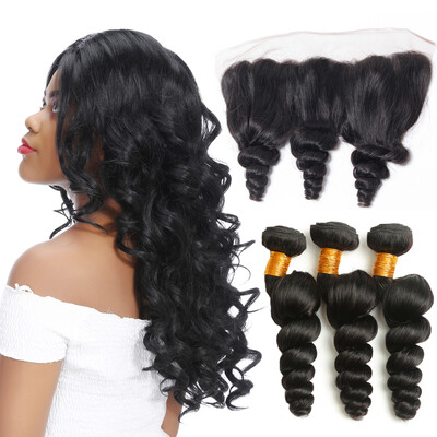 

8A Ear To Ear 13x4 Lace Frontal Closure With Peruvian Loose Wave 4 Bundles With Frontal Closure Bleached Knots And Bundle Deals