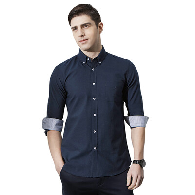 

Red Bean Hodo Men Men Business Dress Up Оксфорд Спиннинг галстук с длинным рукавом рубашка Navy Blue 44