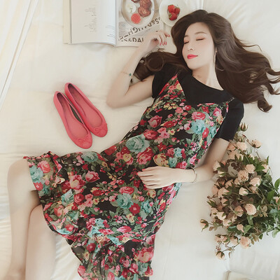 

sustory Women&39s Wear 2017 Summer Style Pastoral Floral Floral V-Neck Sling Chiffon One-piece Dress Short Sleeve T-Shirt Two-piece Set SU149 Black L