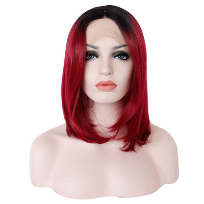 

Anogol Wine Red Ombre Dark Roots фронта шнурка Короткий парик Боб Straight Glueless Синтетический волос Полностью парики