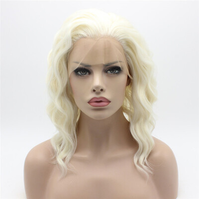 

Iwona Hair Natural Wavy Medium Long White Light Blonde Mix Wig Half Hand Tied Heat Resistant Synthetic Lace Front Wig