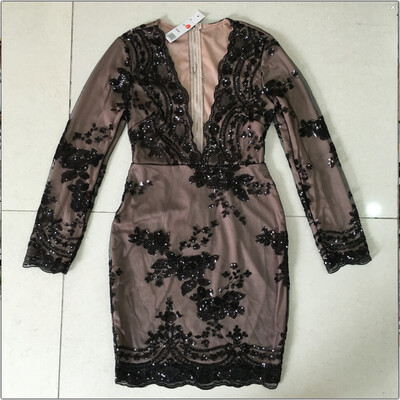 

European&American sexy deep V led sequins long sleeve party dress party dress