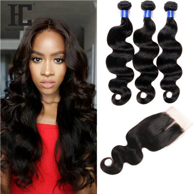 

Unprocessed Brazilian Virgin Human Hair 3 Bundles with Closure 7A Brazilian Virgin Hair Body Wave Extension&4x4 Lace Closure