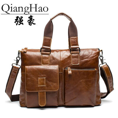 

QiangHao Genuine Leather Men Bag Men's Briefcases 15.6 inch Leather Laptop Bag business Male men travel Tote crossbody Bags