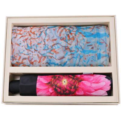 

Paradise umbrella gift box set Fenghua Zhengmao tri-fold small black umbrella umbrella blue silk long scarf