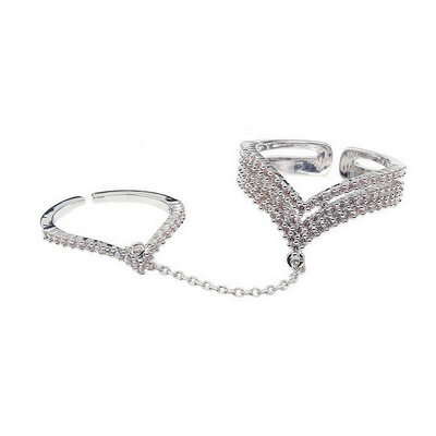 

Yoursfs@ Chain Double Rings Full Crystal Zircon V Shape Connection Joint Ring Silver Plated And Rose Gold Adjustable Chain Double