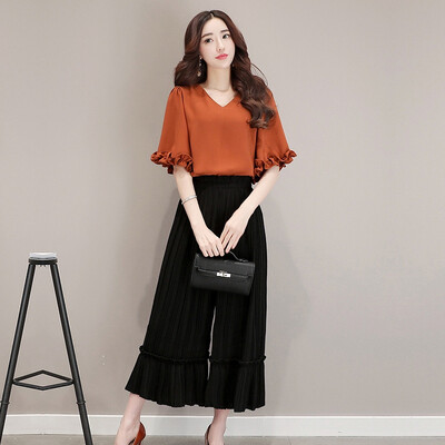 

Markentsee 2017 Women&39s Summer Korean version of the large size V-neck hood sleeve shirt fashion wide leg pants two sets of women zx1752629 picture color M