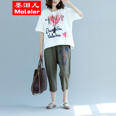 

200kg weight MM large code 2017 summer wear womens loose round collar printed bat sleeve T-shirt