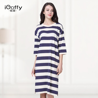 

iCoffy Sleeping skirt cotton round neck wide sleeves sleeves long dress home service OF8003 possession of green stripes are code