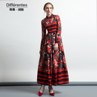 

DF · RS 2017Autumn new dress national wind retro floral lapel printing waist dress female