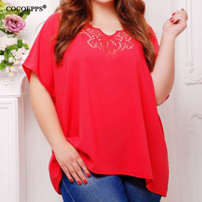 

COCOEPPS Chiffon Casual Lace Summer Tops Big size 2017 Solid Short Sleeve V-Neck Plus Size Women Blouse Feminine Clothing L-6XL