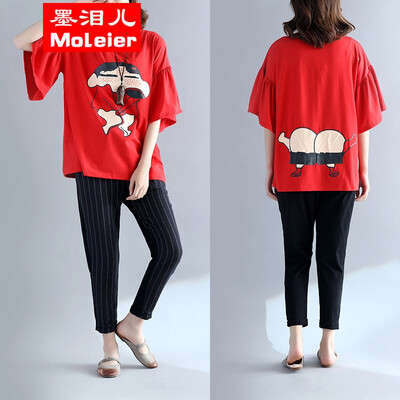 

Fat MM large size in the 2017 summer women easy to look thin cartoon blouses the long version of the sleeves T-shirt