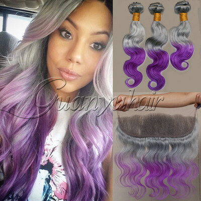 

8A New arrival 13x4 Lace Frontal Closure with 3 Bundles Body Wave Brazilian Virgin Human Hair Extensions Color GreyPurple