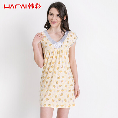 

Han Choi HACAI pajamas female summer skirt modal skirt short sleeve print can be outside wearing a piece of clothing gray yellow 16590