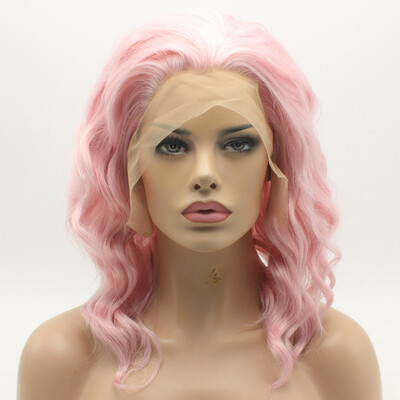 

Iwona Hair Natural Wavy Medium Long Pink Wig Half Hand Tied Heat Resistant Synthetic Lace Front Wig