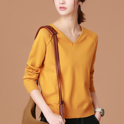 

City plus CITYPLUS 2017 autumn&winter new style women&39s women V-neck solid color loose stitching sweater shirt sweater shirt CWYC178156 turmeric M