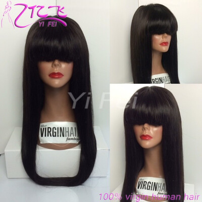 

Free Shipping Silk Straight Glueless Lace Front Wigs with Bangs 8''-24''Brazilian Hair For Black Women High Temperature Natural Ha