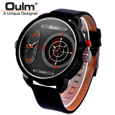 

Oulm Unique Big Quartz Watch Flashing LED Function Two Time Zone Watches Men Fashion Brand Leather Wristwatch Sport Male Clock