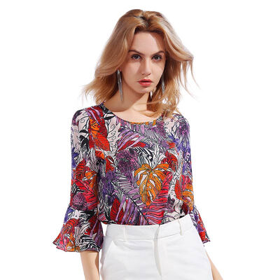

Marc Rebecca Round Collar Double Crepe Silk T-shirt Leaf Print XL