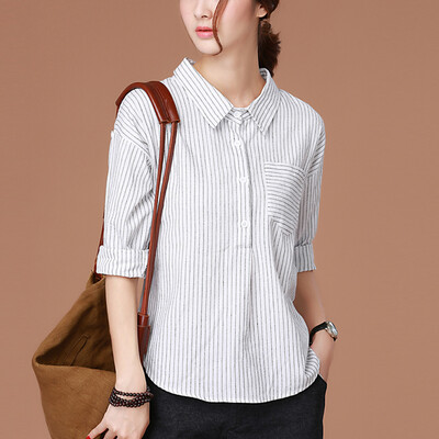 

City Plus CITYPLUS 2017 Fall new women&39s literature lively lapel striped long-sleeved shirt shirt CWCS178162 white L