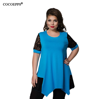 

COCOEPPS New Plus size Irregular Women Lace Tops 2017 Large Size Patchwork Ladies Blouse Blue O-Neck Elegant Femme 5XL 6XL Shirt