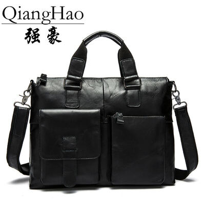 

QiangHao Genuine Leather Men Bag Men's Briefcases 15.6 inch Leather Laptop Bag business Male men travel Tote crossbody Bags