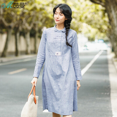 

Yan Man (INMAN) 2017 autumn new style art embroidery cotton and linen shirt dress doll collar long skirt 1873101080 soil khaki M