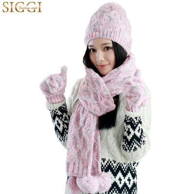 

Siggi CM69273 hat scarf gloves three sets of women winter Korean version of the tide sweet&lovely hair ball warm knitting kit powder purple uniform