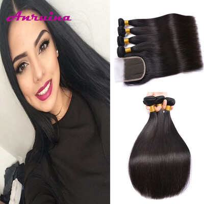 

TOP Sell 4x4 Lace Closure With Bundles Peruvian Virgin Hair With Closure 3 Bundles Straight human Hair With Closure