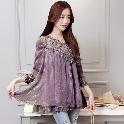 

A pond morning 2017 autumn chiffon shirt female long sleeve A version of high waist was thin lace bottoming shirt S71R0698A609M lavender M