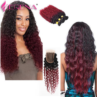 

Two Tone Ombre 1B 99J Virgin Indian Hair Deep Wave Human Hair Extensions Dark Roots Burgundy Ombre Deep Curly Hair Weave Bundles