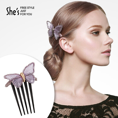 

shes Qian Zi headdress jewelry handmade long gear comb mesh yarn imitation crystal insert comb purple
